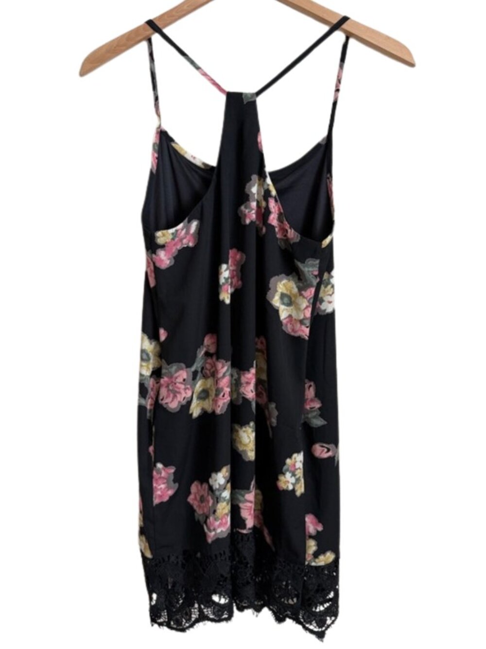 Slip Dress Black Floral Crochet Lace Hem Mini Lined Spaghetti Strap Size S Voom - Picture 12 of 13